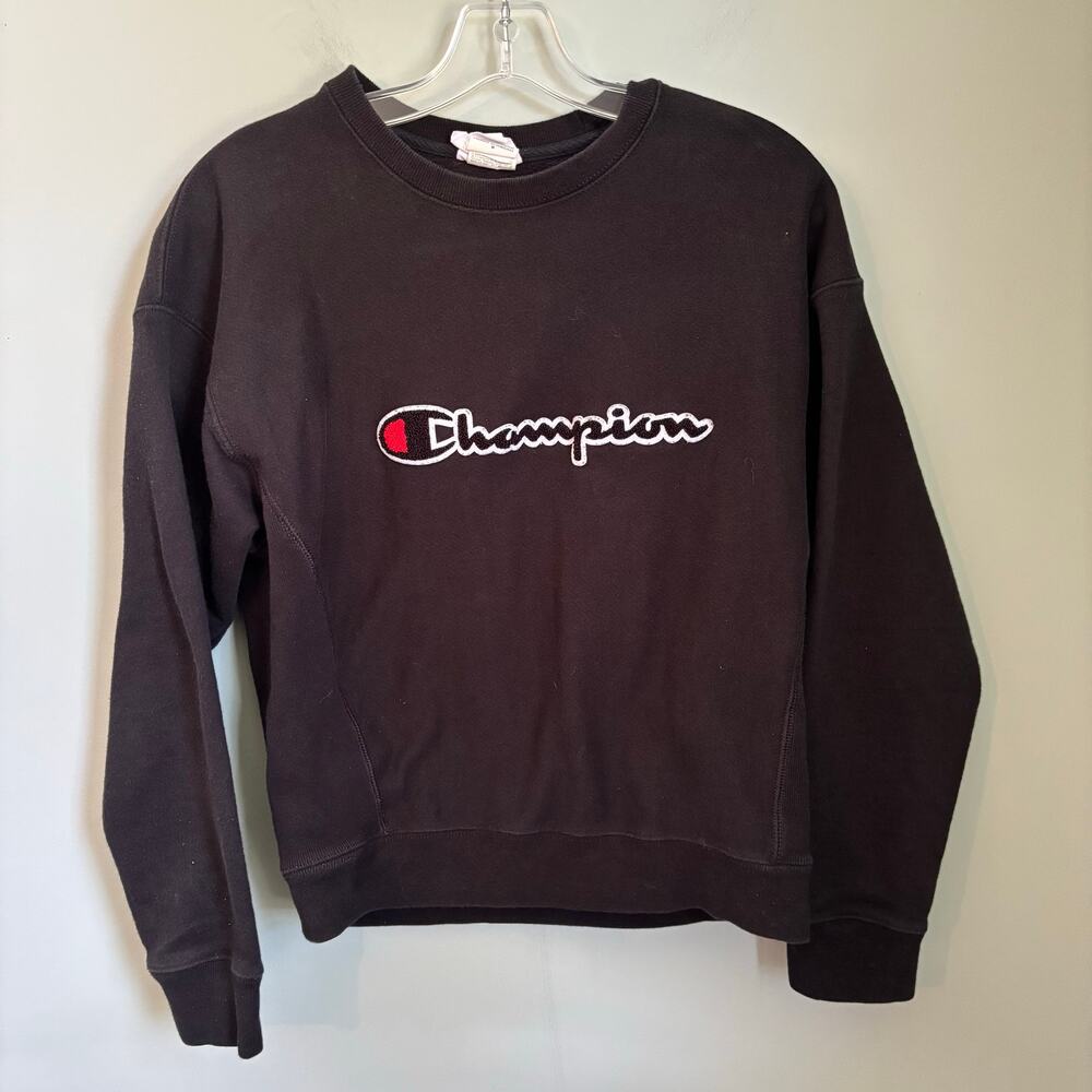 Champion Spell Out Fitted Black Crew Neck Sweatshirt